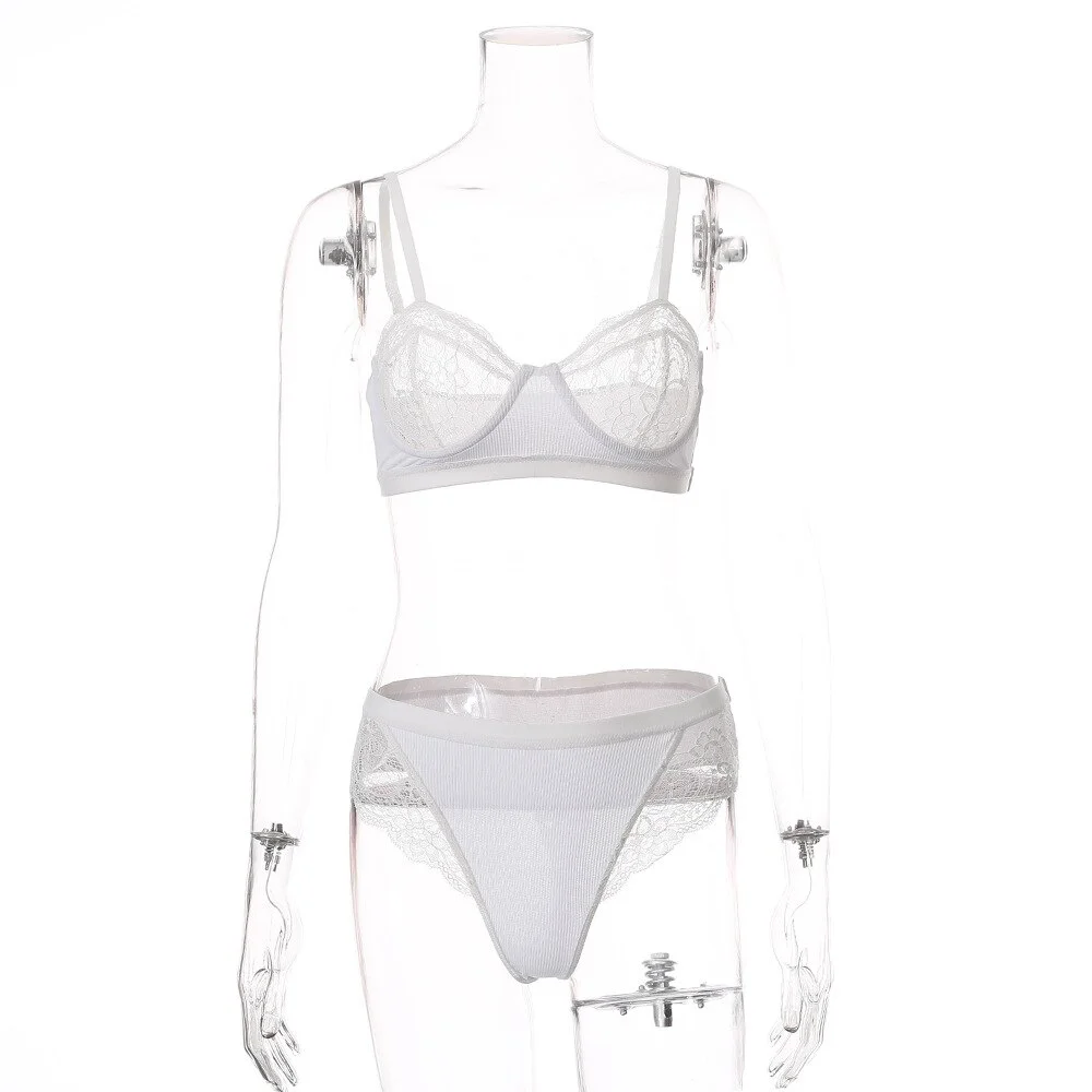 Billionm Women's Underwear Set Lace Femme Lingerie See Through Push Up Bra High Waist Panties Mesh Sexy Nightwear 2 Piece White Black