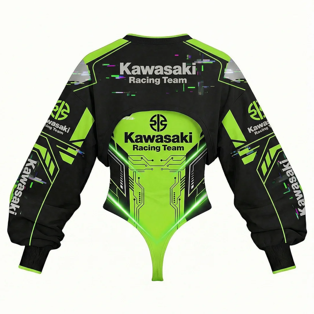 Women's Racing Team Logo Digitally Printed Tights Irregular Sweatshirt Set