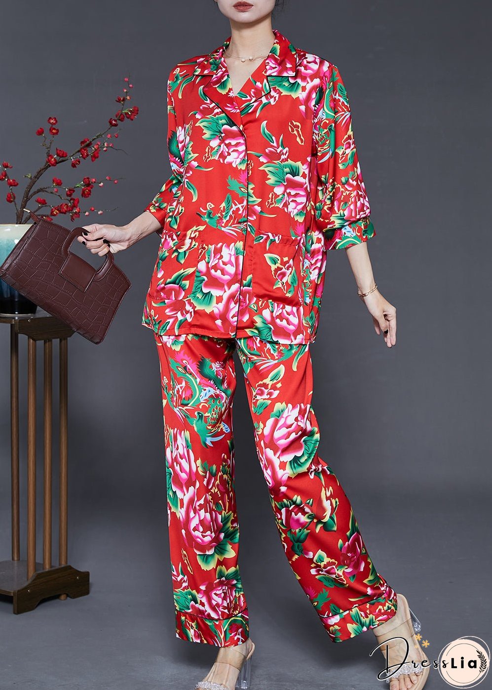 Vintage Red Peter Pan Collar Print Draping Silk Two Piece Set Fall