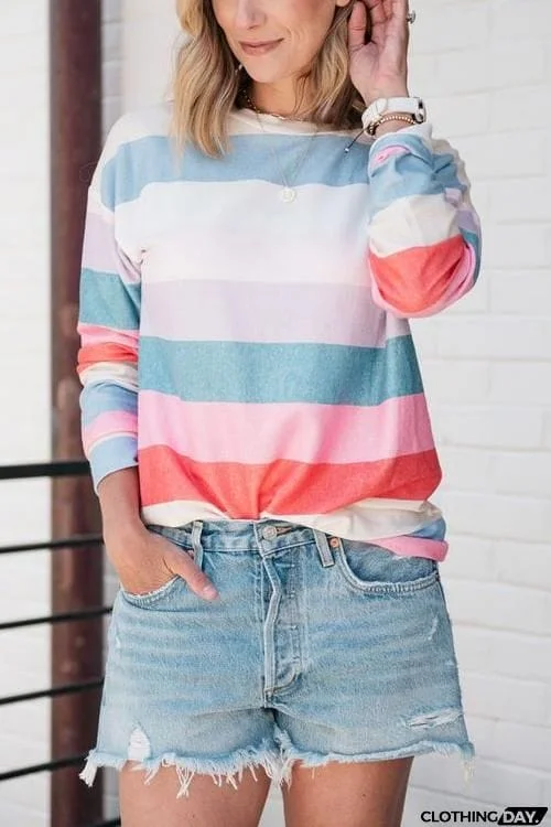 Rainbow Stripe O Neck Long Sleeve T Shirt