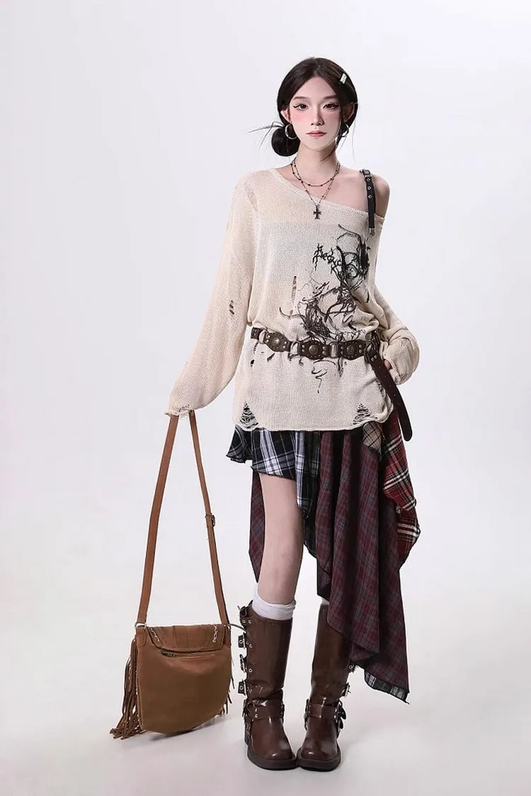 Asymmetrical Plaid Skirt with High Low Hem and Color Block Design