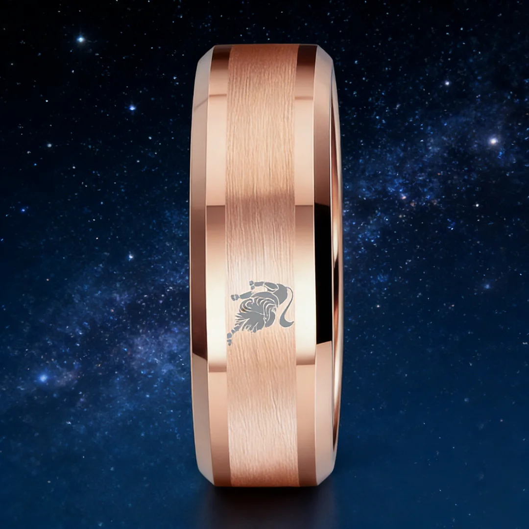 Rose Gold Leo Tungsten Carbide Ring Beveled Edges Rose Gold Laser Etched Couple Wedding Bands 4MM 6MM 8MM Width