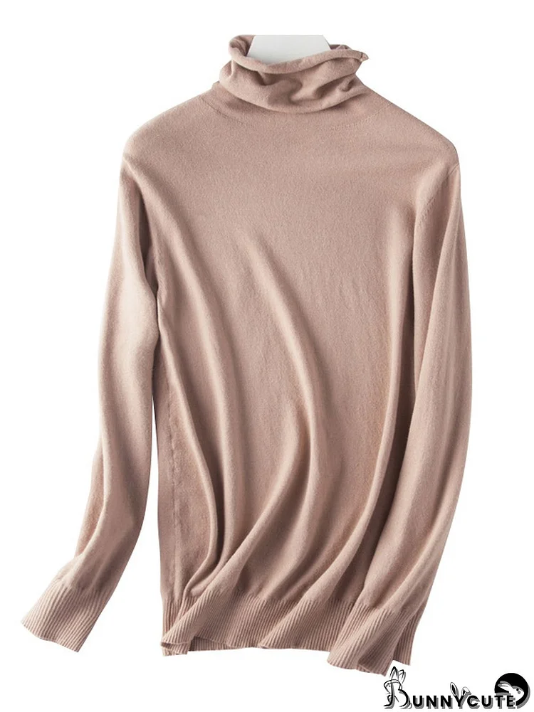 Simple Loose Long Sleeves Solid Color High-Neck Sweater Tops