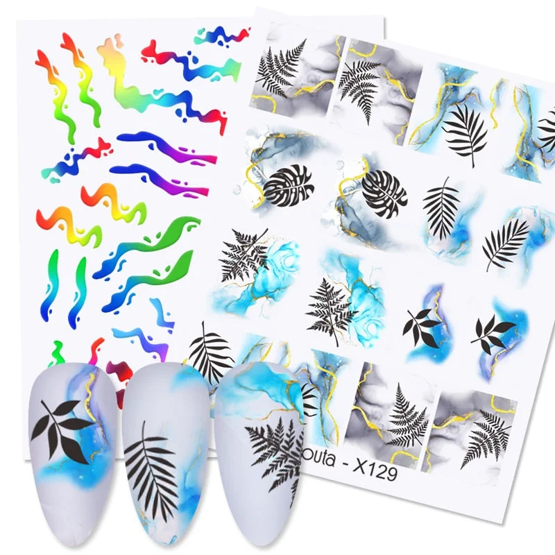 1PC Colorful Leaves Nail Water Decals Colorful Flower Leaf Water Transfer Sliders Nail Stickers For Nails Manicures Nail Wraps-Nail Inspo