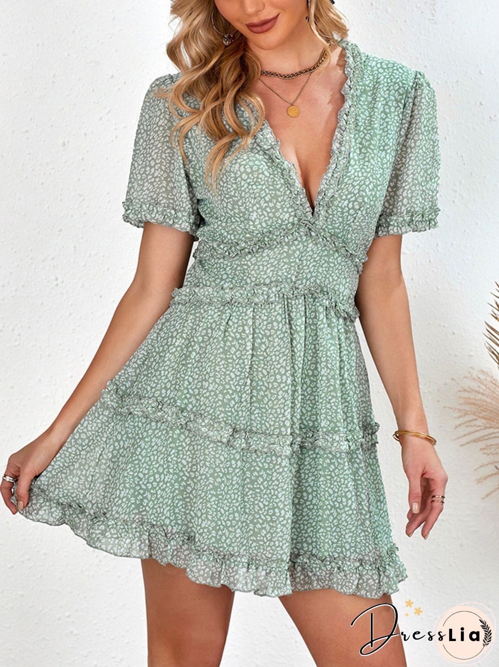 Ditsy Floral Prints Ruffle Edge Tiered Long Sleeve Boho Dress