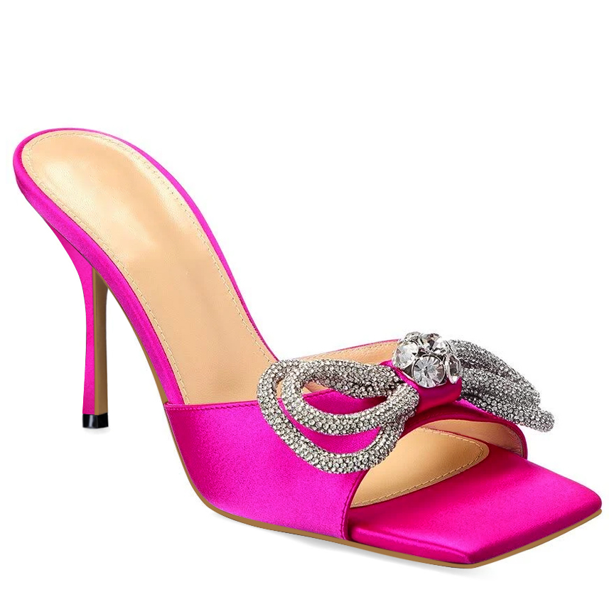 90mm Women's Heeled Sandals Square Open Toe Double Bow Satin Mules Heels Slip on Stilettos