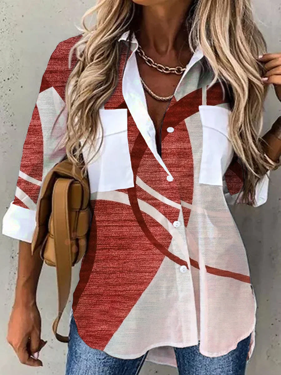 Women plus size clothing Versatile Long Sleeve Cardigan Print Lapel Shirt-Nordswear