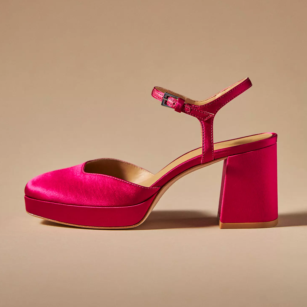 Hot Pink Satin Square Toe Block Heel Ankle Strap Platform Sandals