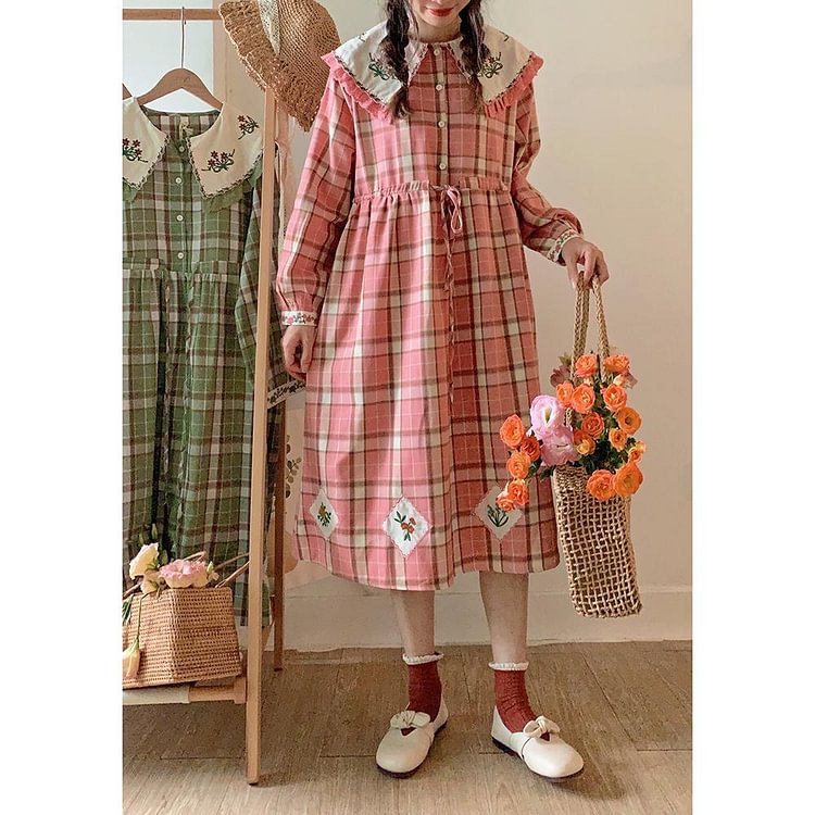 Queenfunky cottagecore style Vintage Embroidered Collar Plaid Dress QueenFunky