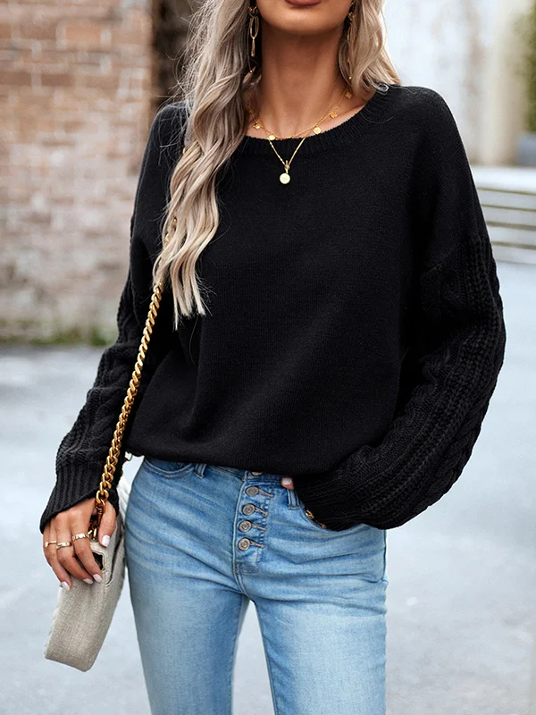 Long Sleeves Loose Solid Color Round-Neck Pullovers Sweater