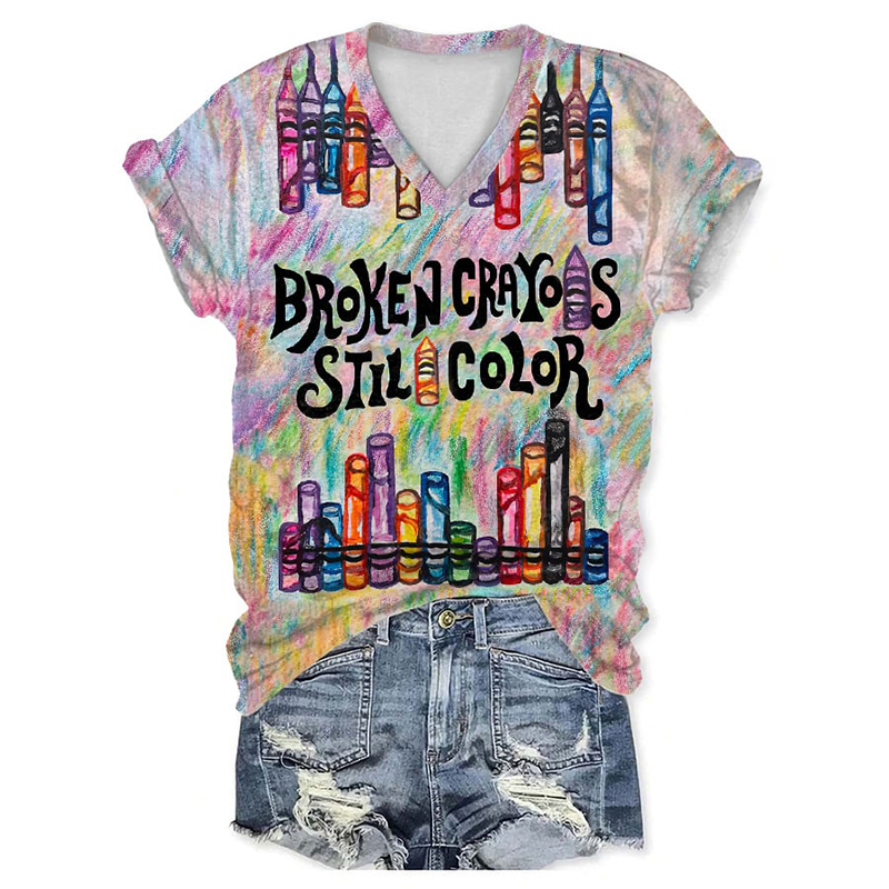 Comstylish Broken Crayons Still Color Print V-Neck Short Sleeve Casual T-Shirt