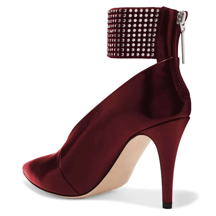 Burgundy Rhinestone Pointy Toe Ankle Strap Pumps Vdcoo