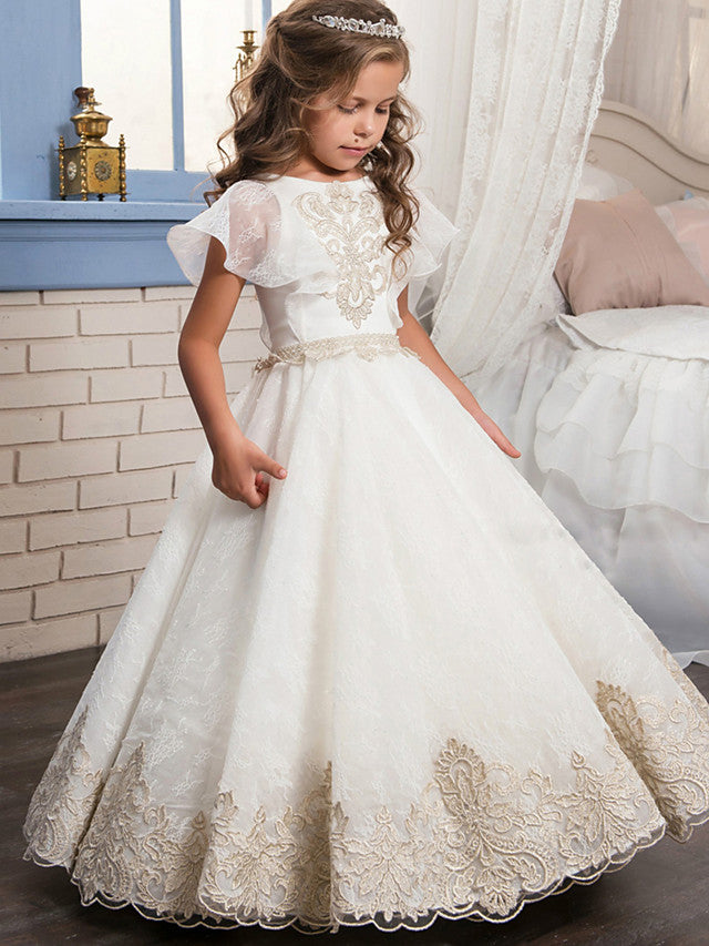 Oknass Short Sleeve Jewel Neck Ball Gown Flower Girl Dress Lace Tulle Cotton With Lace Beading Embroidery