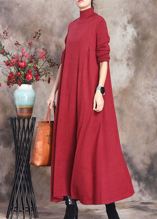 Fashion Red retro Knit slim fit Fall Long Sweater Dress