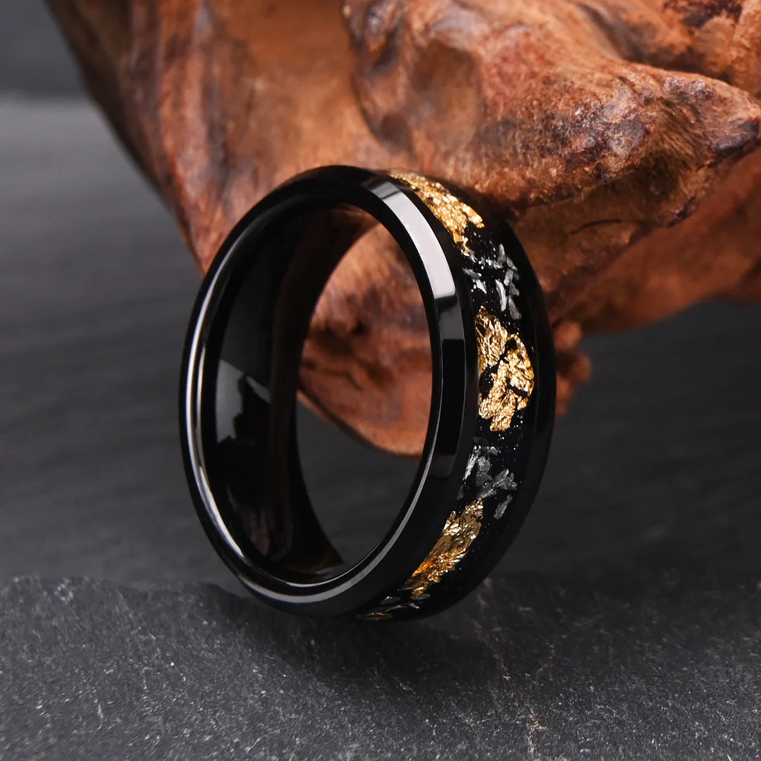 6MM 8MM Black Tungsten Carbide RingInlaid with Gold Foil Couple Rings Mens Womens Wedding Bands Comfort Fit
