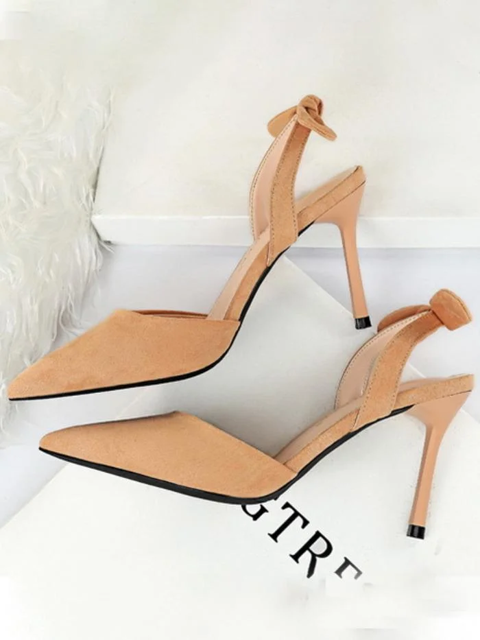 Fashion stiletto suede shallow mouth pointed toe hollow back strap small bow sandals