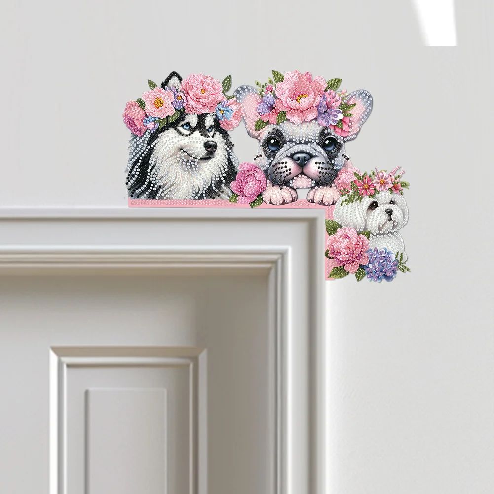 Dog Flowers 5D DIY Wooden Diamond Painting Door Topper for Party (Right)
