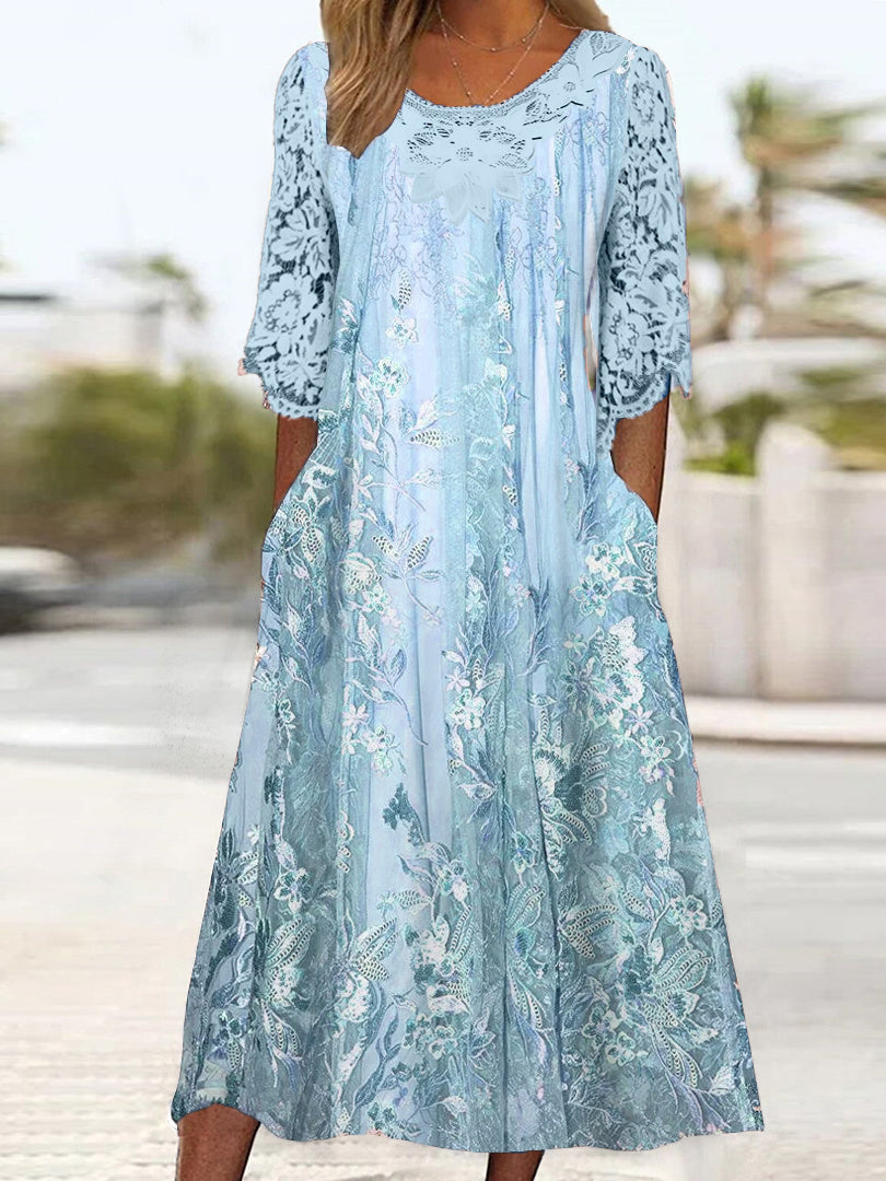 Women's 3/4 Sleeve Scoop Neck Floral Printed Lace Stitching Midi Dress