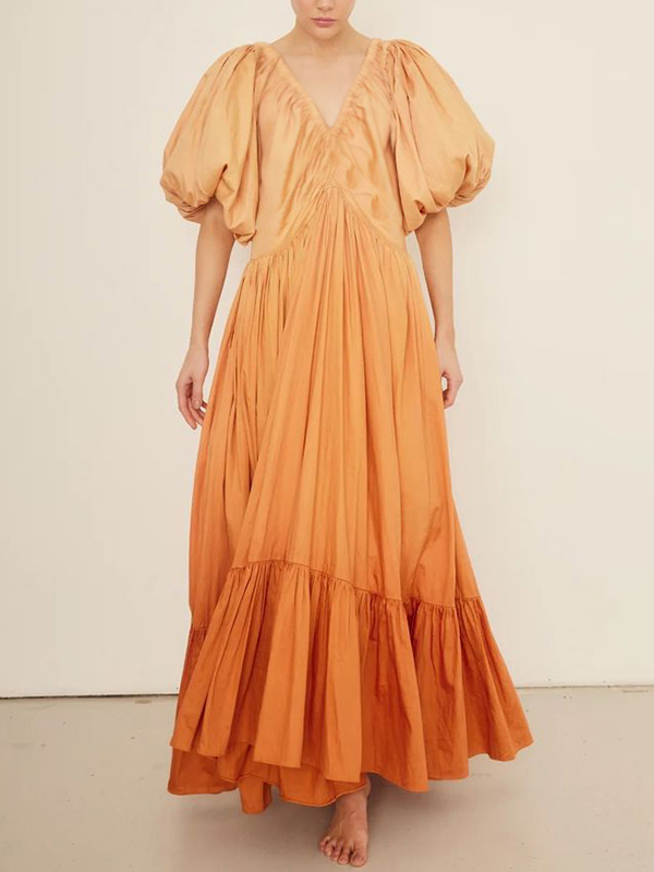 Puff Sleeves Deep-V Tiered Maxi Hem Dress