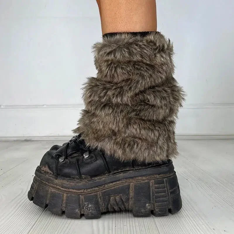 Brownm Grunge Faux Fur Leg Warmers