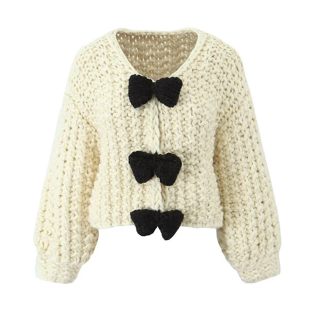 Nigikala Nigikala Bow Sweater Cardigan Jacket Languid Short Heavyweight Knitted Jersey Woman