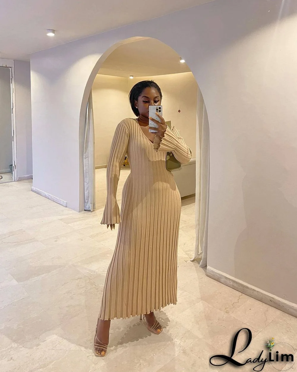 knitting dress Casual Slim Waist V-neck Wide Ribbed Slim Fit long dress