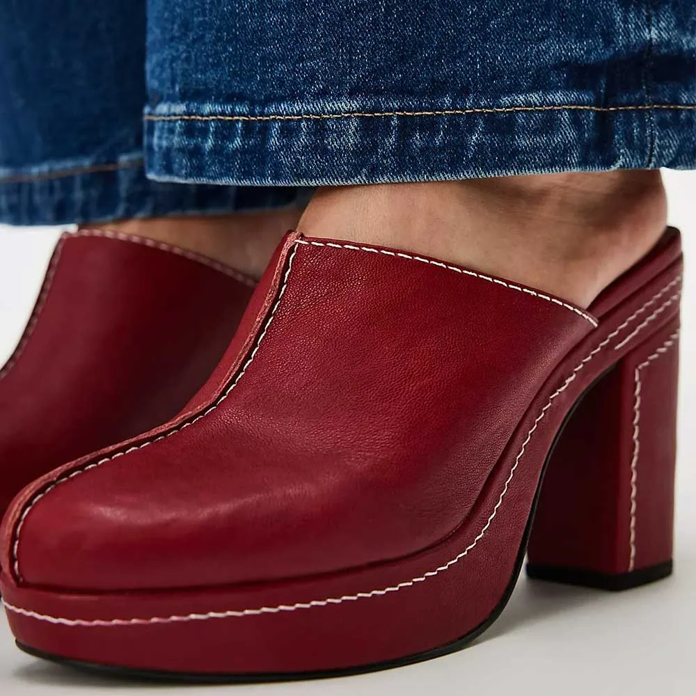 Fashion Maroon Closed Round Toe Platform Stitching High Heel Mules