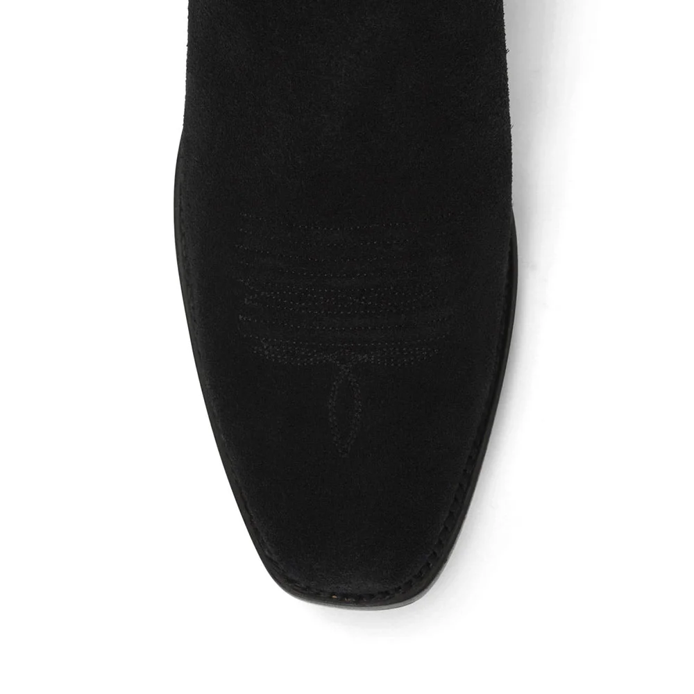 Black Vegan Suede Chunky Heel Square Toe Zipper Booties for Women