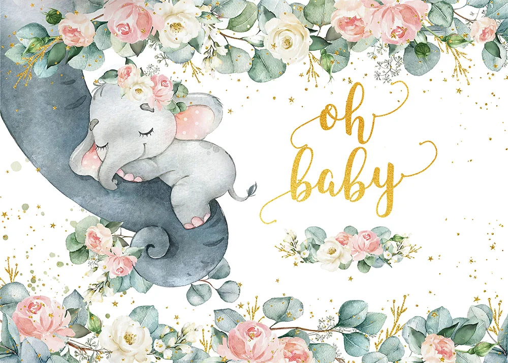 Flowers And Elephant Oh Baby Shower Backdrop RedBirdParty