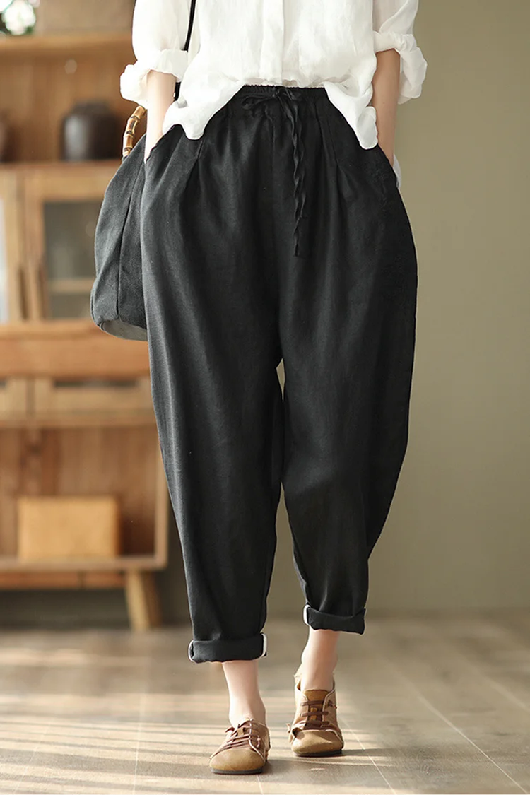 Plus Size Casual Black Cotton Linen Retro Solid Color Embroidery Cropped Pants  Flycurvy [product_label]