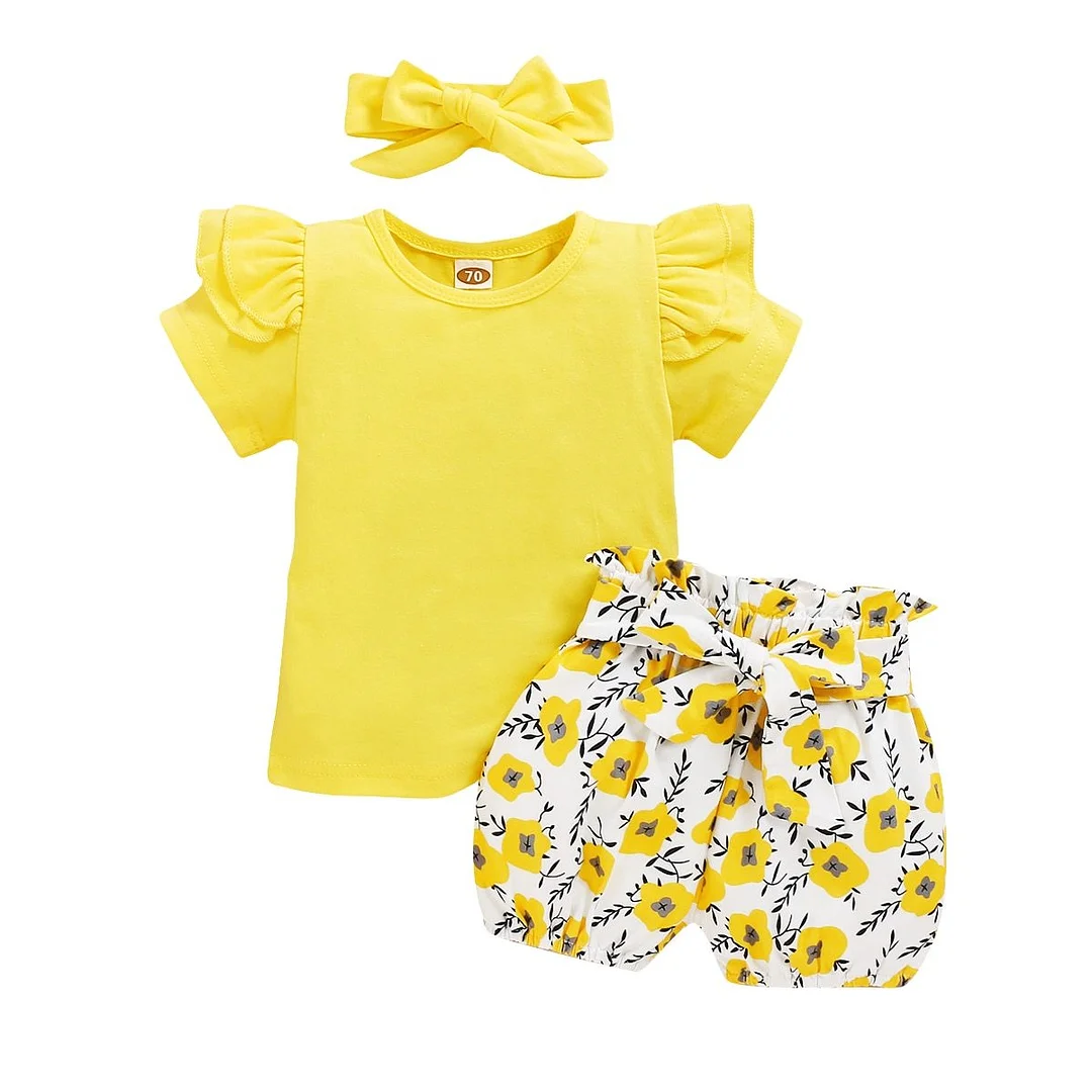 2020 Baby Summer Clothing Infant Baby Girl Clothes Set Short Sleeve Top T-Shirt+Floral Tutu Shorts+Headband 3Pcs Outfit