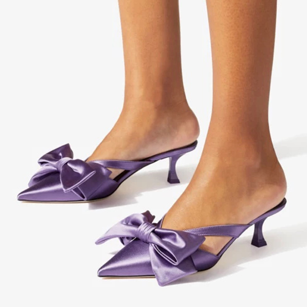 Purple Satin Closed Toe Kitten Heel Mules with Bow Nicepairs