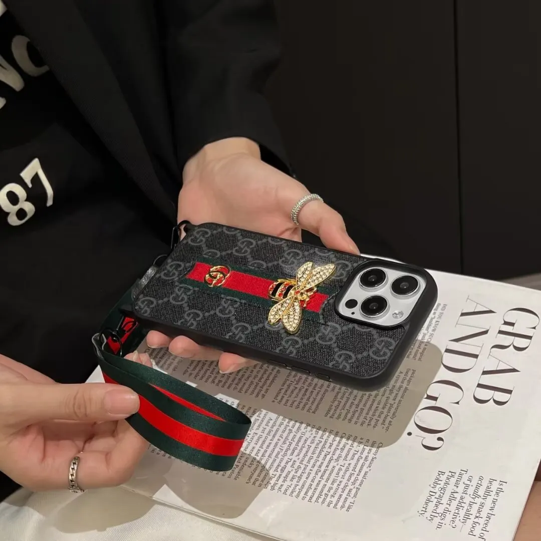 Gucci Ribbon Hand Rope 3D Bee Ophidia GG Apple iPhone16 ~11 Case Samsung Cover