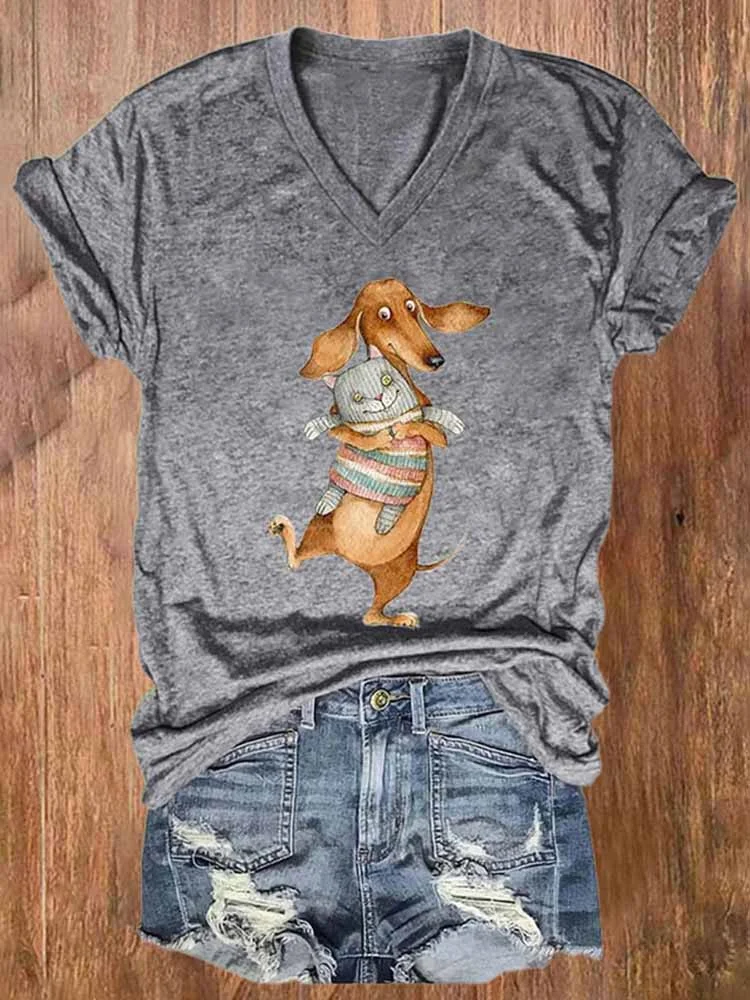 Simpfit Lässiges T-Shirt mit V-Ausschnitt und lustigem Animal-Print