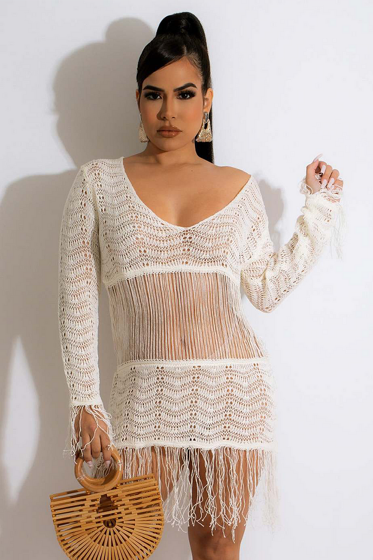 Knit Hollow Out V Neck Long Sleeve See Through Fringed Mini Dresses-White