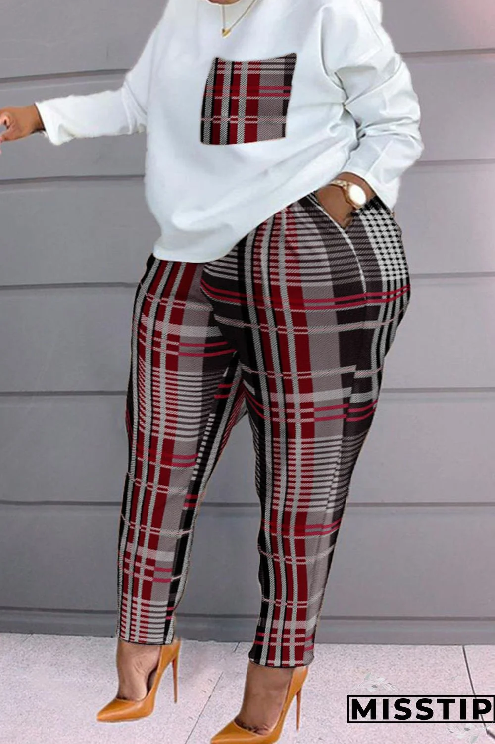 Blue Casual Print Patchwork O Neck Plus Size Two Pieces