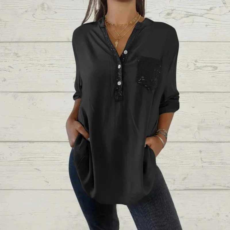 Sequin Pockets V Neck Blouse