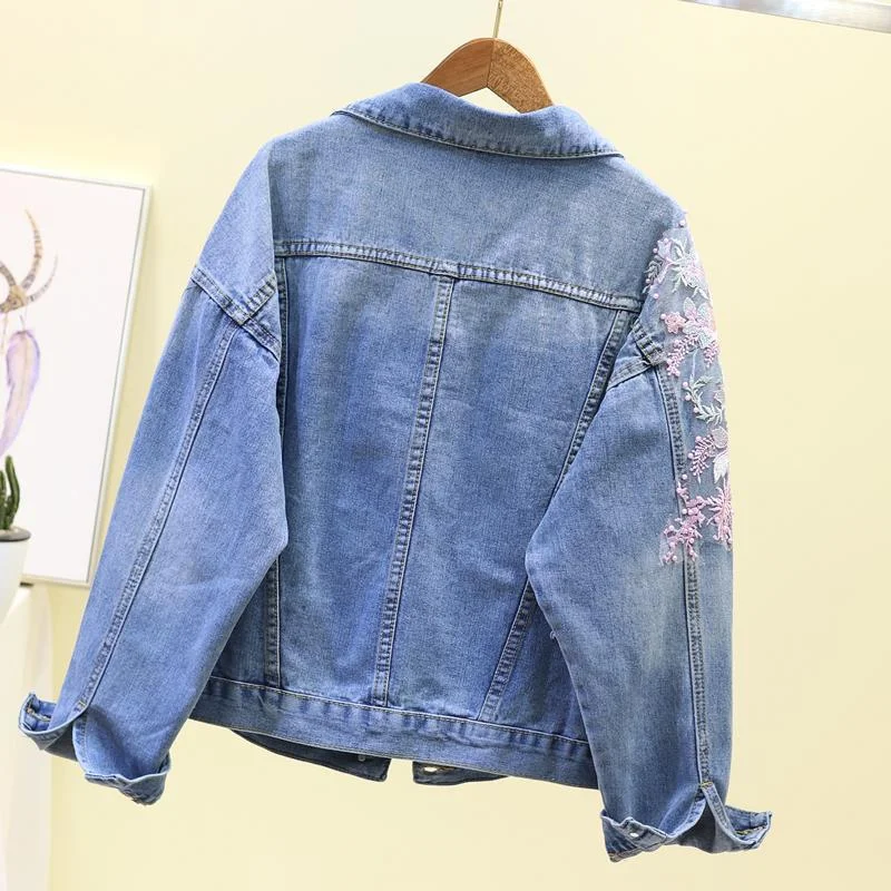 2021 Spring Autumn Jeans Jacket Korean Embroideried 3D Flowers Hole Cowboy Outerwear Causal Women Demin Coat Jaqueta Feminina