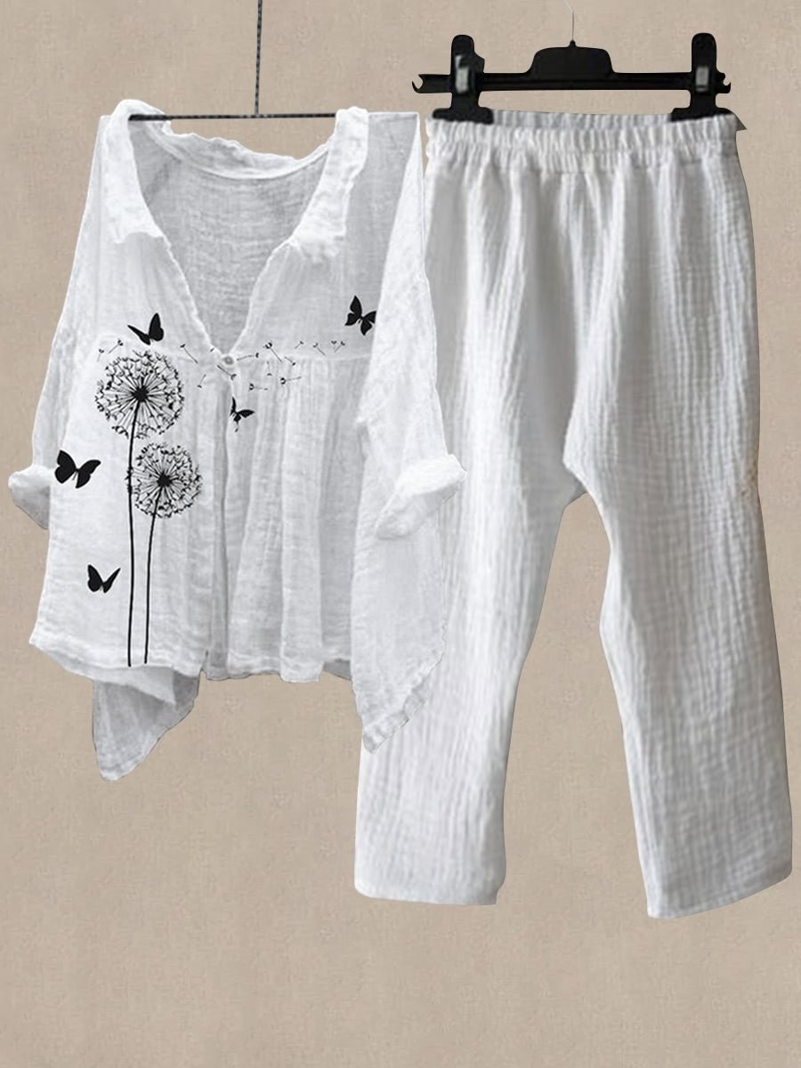 Linen Women's Butterfly And Dandelion Print Casual Two Pieces Set