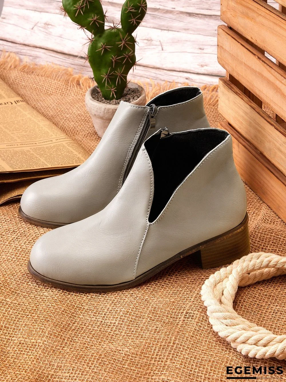 Retro Distressed Polished Color Zipper Thick Heel Pointed Ankle Boots | EGEMISS