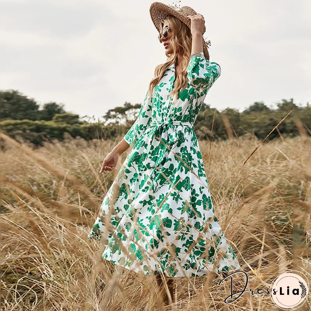 Fashion Women's Long Skirt Green Print Lace-up Dress Black Dresses