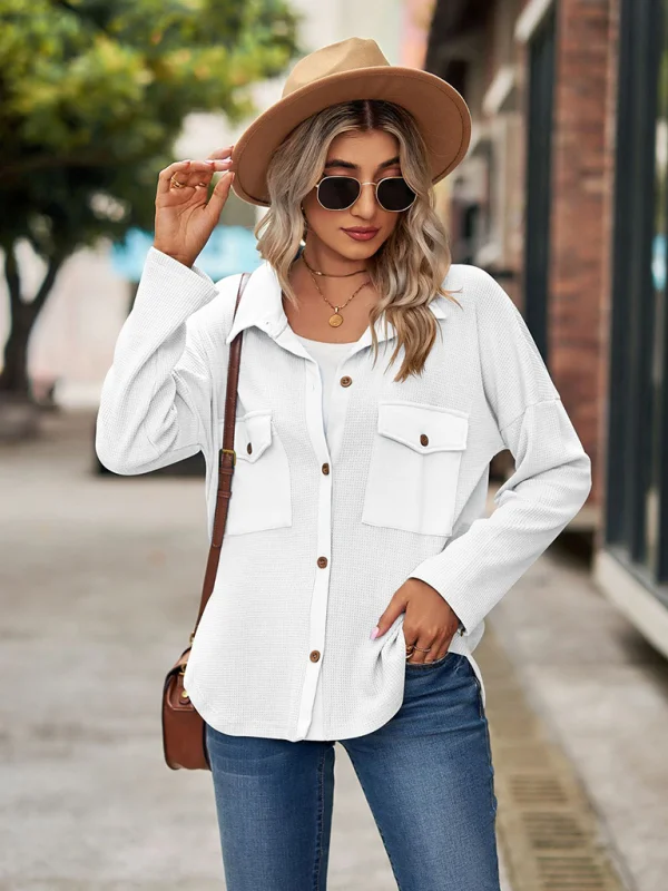 New New Waffle Pocket Long Sleeve Loose Lapel Shirt Flusfy