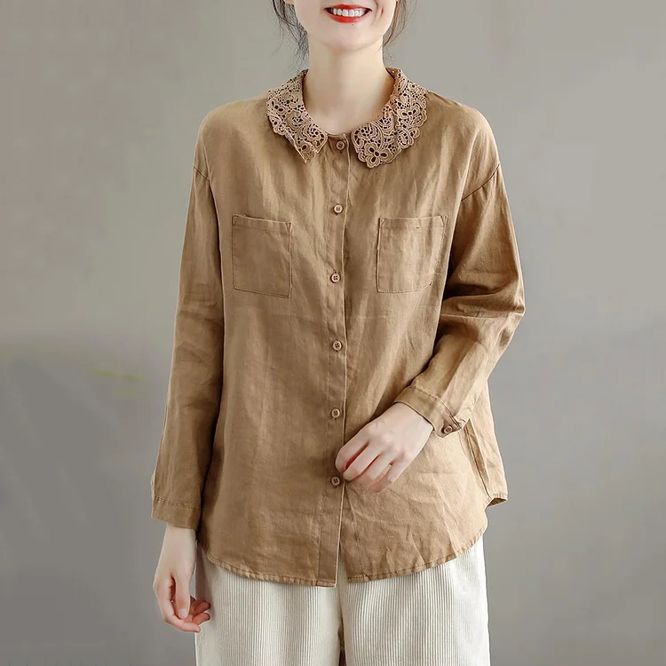 Vintage Women's Cotton Linen Lace Casual Shirt