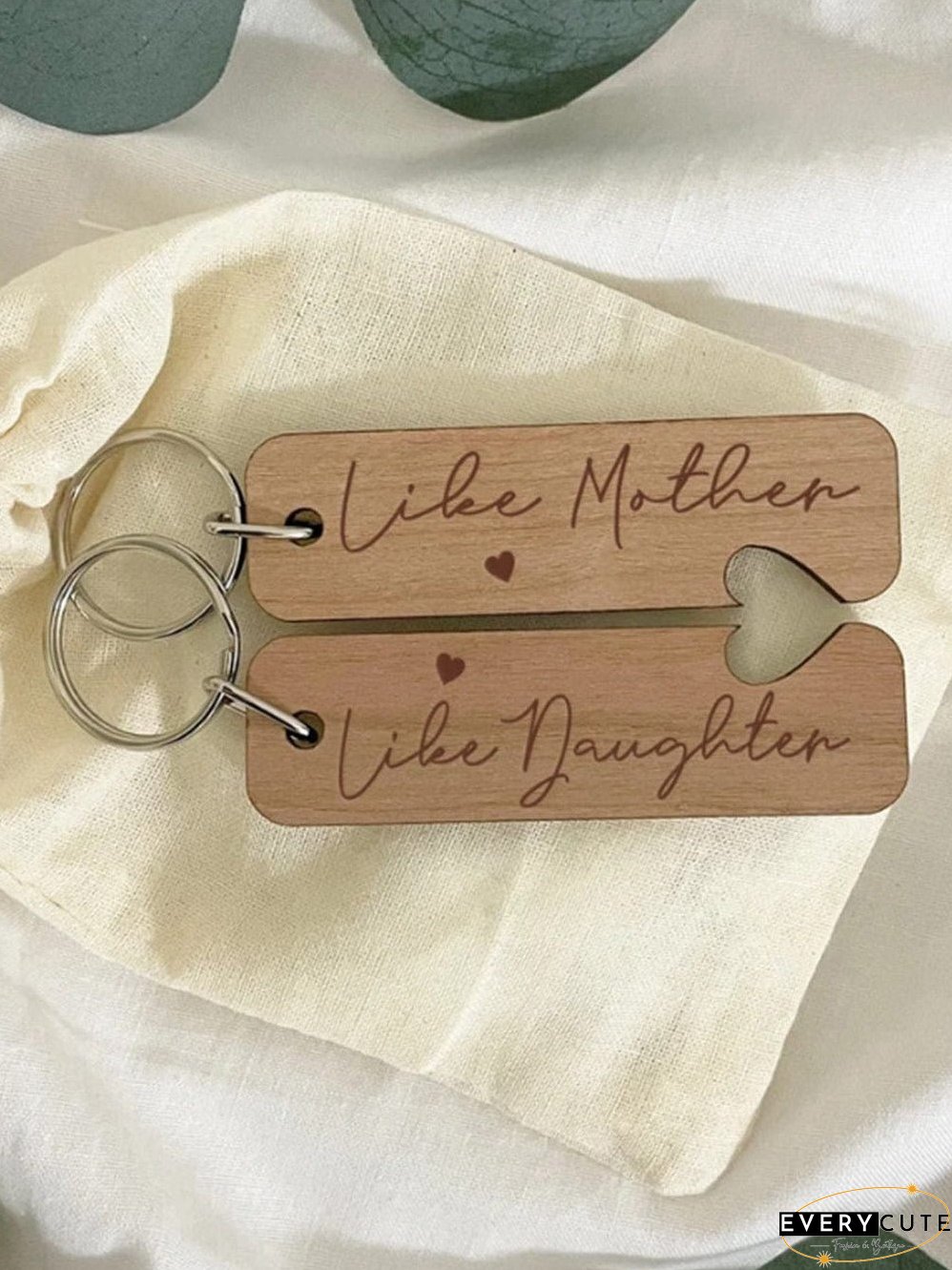 French Beige Mother-Daughter Heart Wooden Keychain Set
