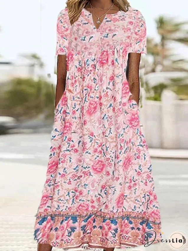 Casual Dress Floral Dress Summer Dress Graphic Floral Print V Neck Midi Dress Fashion Classic Daily Holiday Short Sleeve Loose Fit Black And White Light Pink Neon Orange Summer Spring S M L for Women
