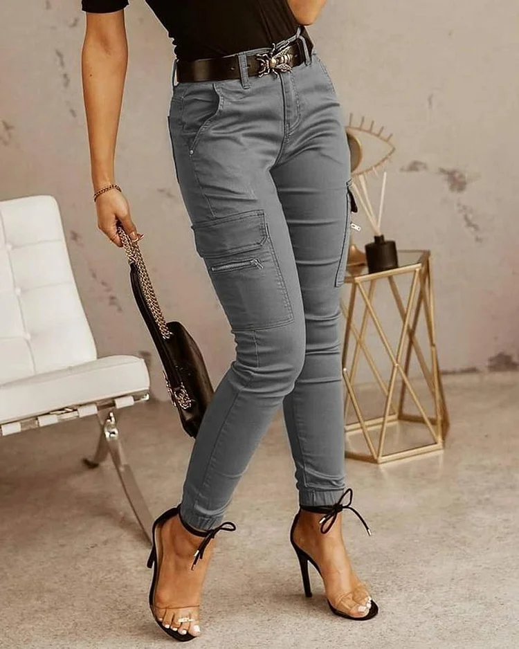 Zipper Pocket Design Casual Pants Without Belt P2656978942