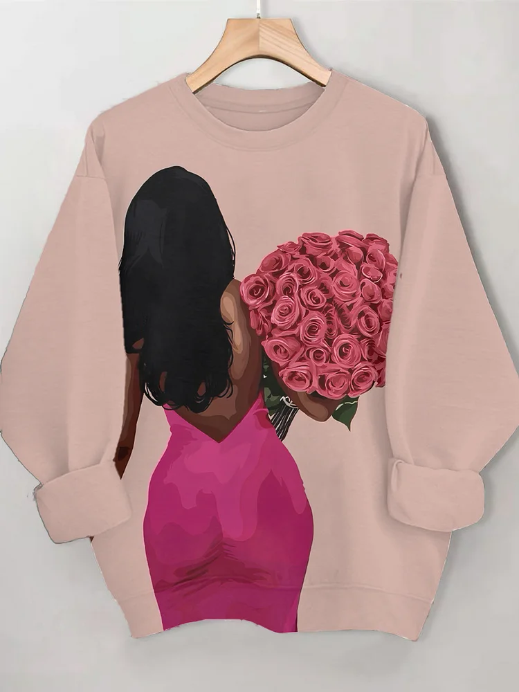 Women's Valentine's Day Girl and Rose Art Print Cozy Sweatshirt