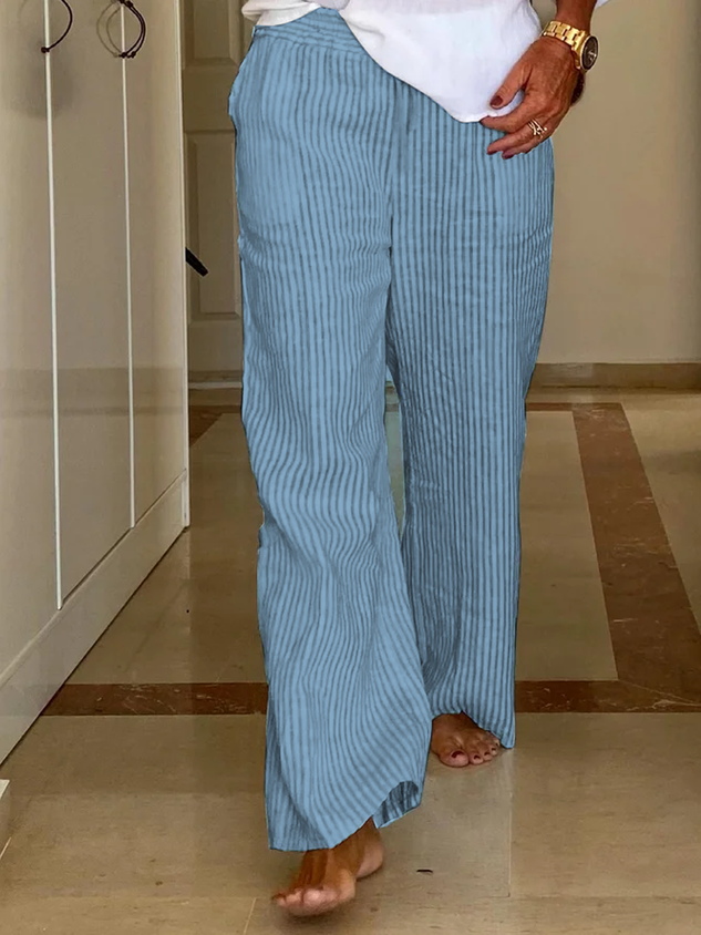 Women Casual Stripe High Waist Drawstring Loose Pockets Trousers Cotton Linen Wide Leg Lounge Pants socialshop