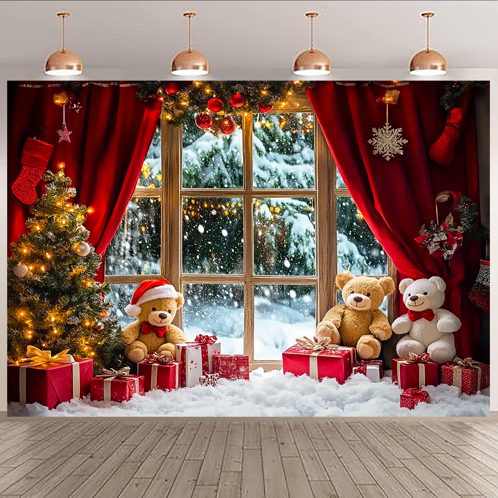 Tegooe Christmas Winter Snowy Window Photography Backdrop - Holiday Teddy Bear and Tree Photo Background Tegooe