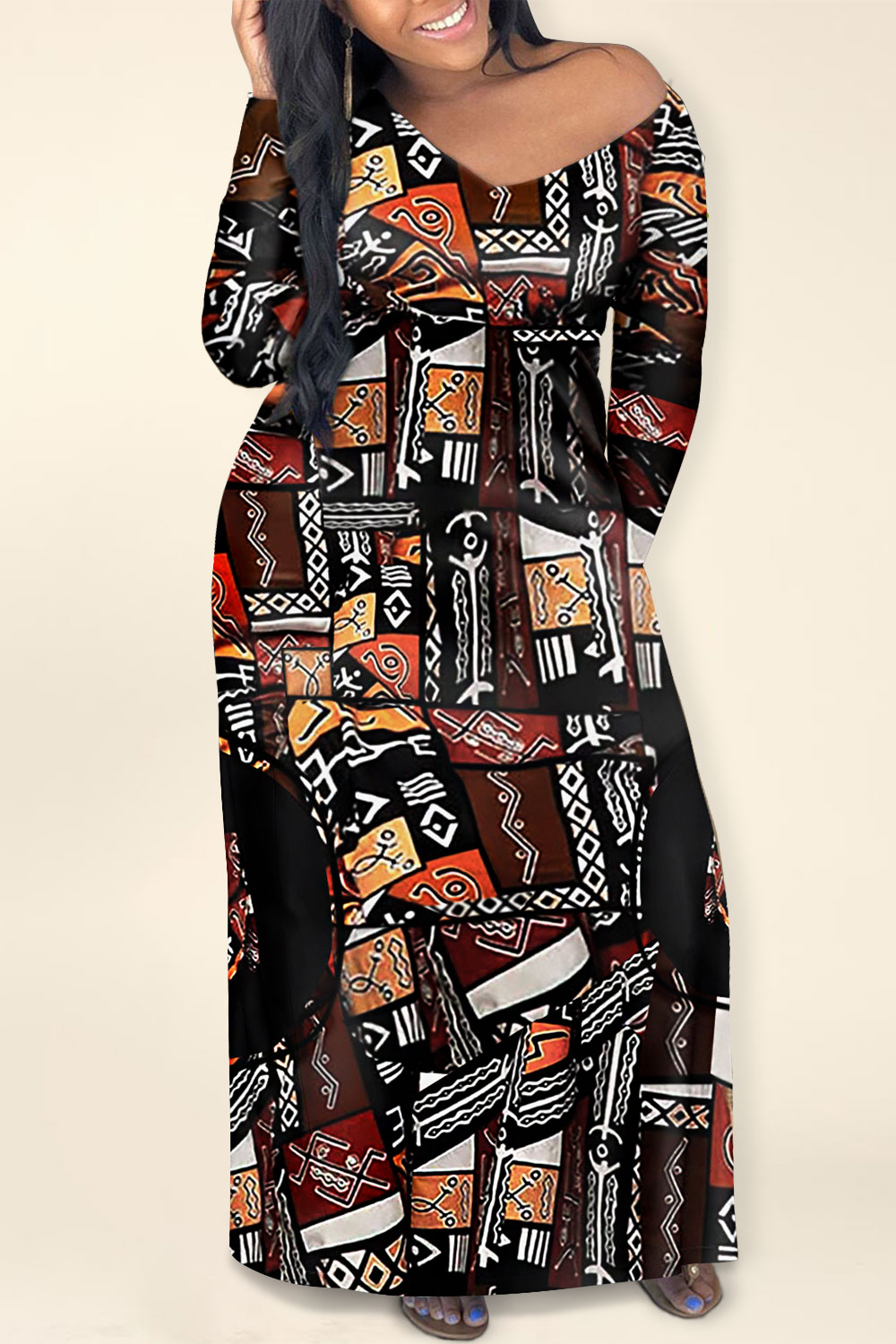 Design Plus Size Daily Maxi Dresses Casual Brown African Print Spring Summer V Neck Long Sleeve Pocket Knitted Ankara Maxi Dresses [Pre-Order]